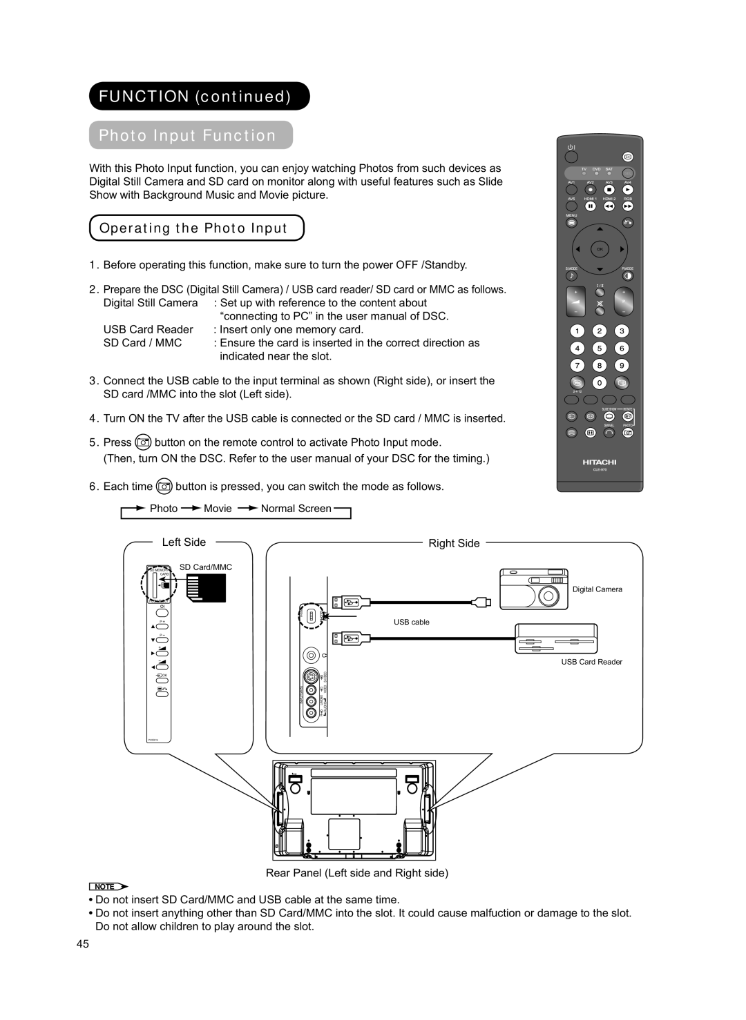 Hitachi 42PD8800TA user manual Function Photo Input Function, Operating the Photo Input, Right Side 