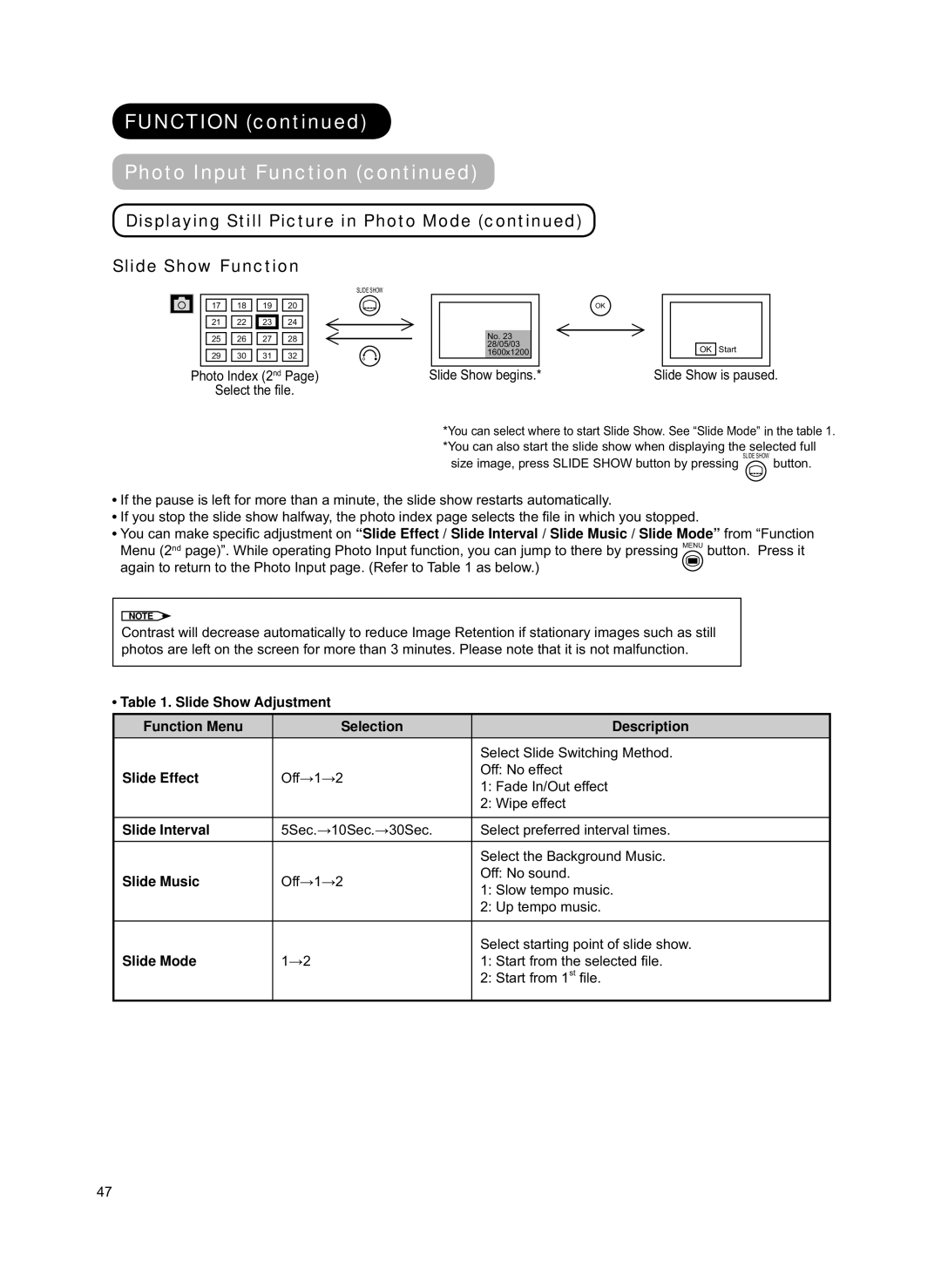 Hitachi 42PD8800TA user manual Displaying Still Picture in Photo Mode Slide Show Function 