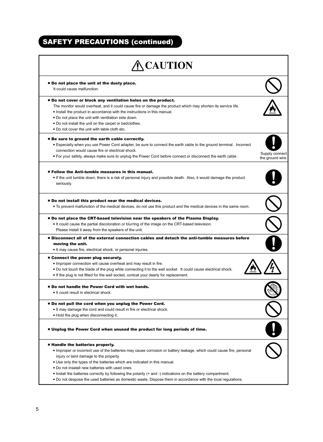 Hitachi 42PD8800TA user manual Do not place the unit at the dusty place 