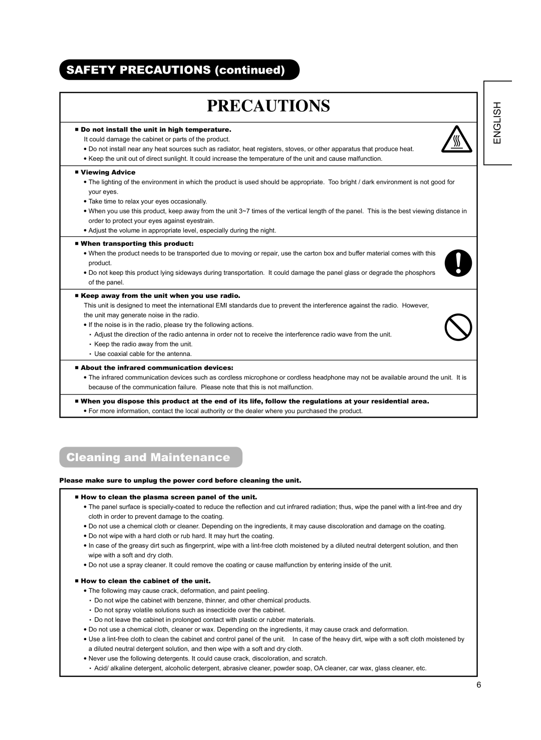 Hitachi 42PD8800TA user manual Precautions, Cleaning and Maintenance 