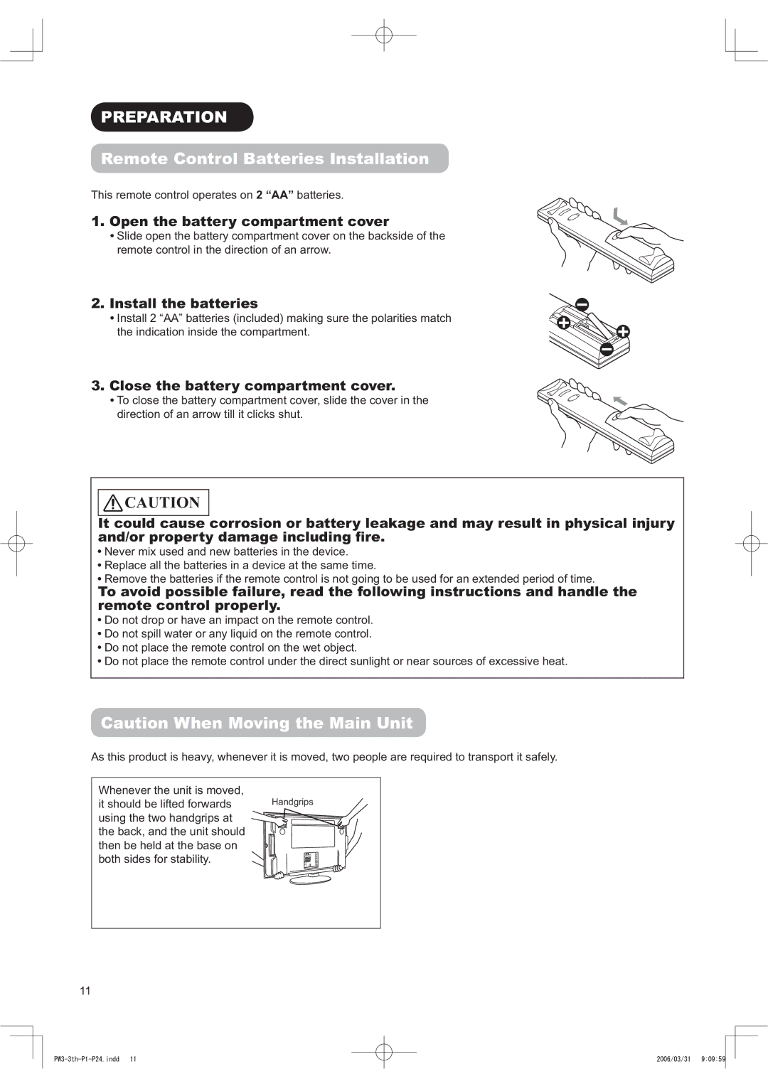 Hitachi 42PD8900TA manual 353$5$7,21, 5H RWH&RQWURO%DWWHULHV,QVWDOODWLRQ, DXWLRQ KHQ0RYLQJWKH0DLQ8QLW 