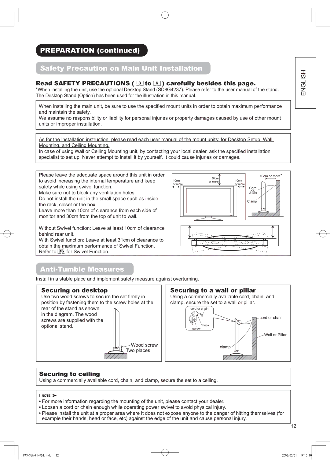 Hitachi 42PD8900TA manual 353$5$7,21FRQWLQXHG, 6DIHW\3UHFDXWLRQRQ0DLQ8QLW,QVWDOODWLRQ, $QWL7X EOH0HDVXUHV 