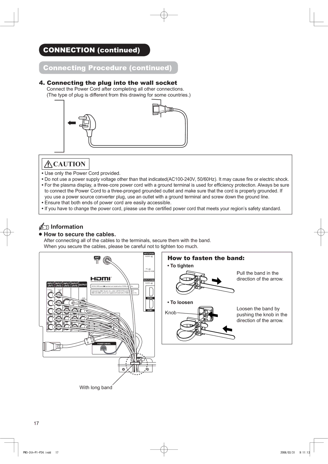 Hitachi 42PD8900TA manual &RqqhfwlqjWkhSoxjLqwrWkhZdooVrfnhw, ,Qirupdwlrq +RzWrVhfxuhWkhFdeohv 