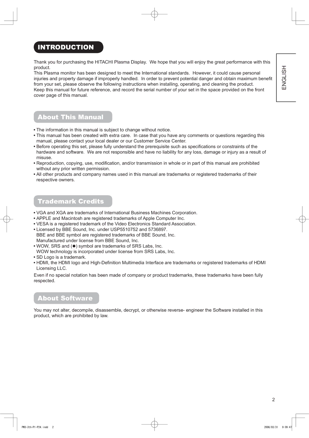 Hitachi 42PD8900TA manual 17528&7,21, $ERXW7KLV0DQXDO, 7UDGH DUN&UHGLWV, $ERXW6RIWZDUH 