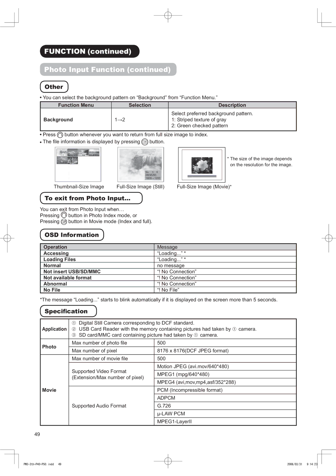 Hitachi 42PD8900TA manual 2WKHU, 7RHLWIUR 3KRWR,QSXW,  26,QIRU Dwlrq, 6SHFLÀFDWLRQ 