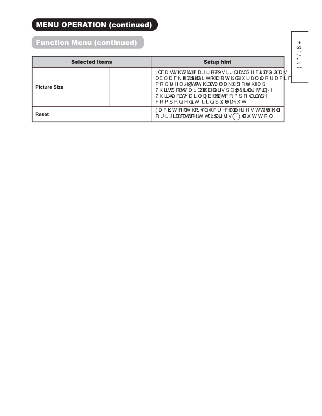 Hitachi 42PD9500TA manual XQFWLRQ0HQXFRQWLQXHG, 6HOHFWHG,WH 6HWXSKLQW, 3LFWXUH6LH, 5HVHW 