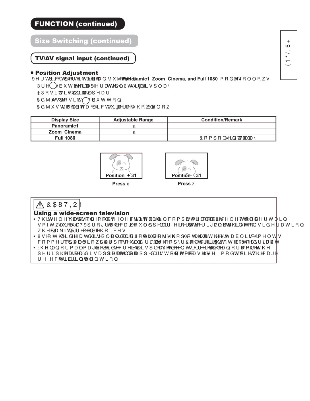 Hitachi 42PD9500TA manual 6LH6ZLWFKLQJFRQWLQXHG, 79$9VLJQDOLQSXWFRQWLQXHG 3RVLWLRQ$GMXVW HQW, 3UHVVŸ 