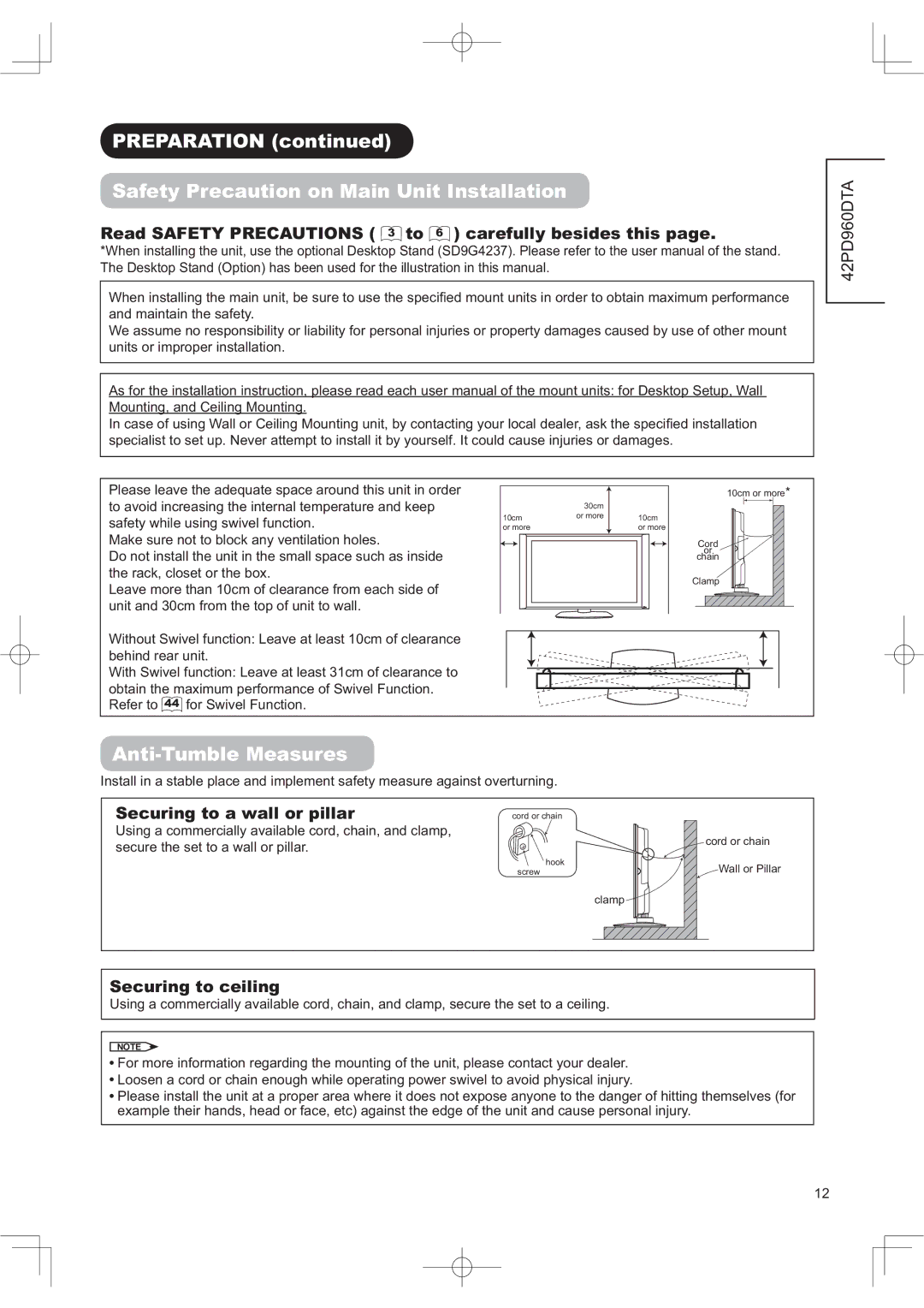 Hitachi 42PD960DTA manual 353$5$7,21FRQWLQXHG, 6DIHW\3UHFDXWLRQRQ0DLQ8QLW,QVWDOODWLRQ, $QWL7X EOH0HDVXUHV 