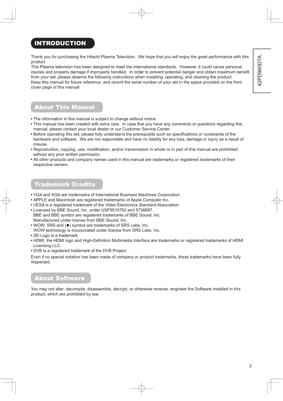 Hitachi 42PD960DTA manual 17528&7,21, $ERXW7KLV0DQXDO, 7UDGH DUN&UHGLWV, $ERXW6RIWZDUH 