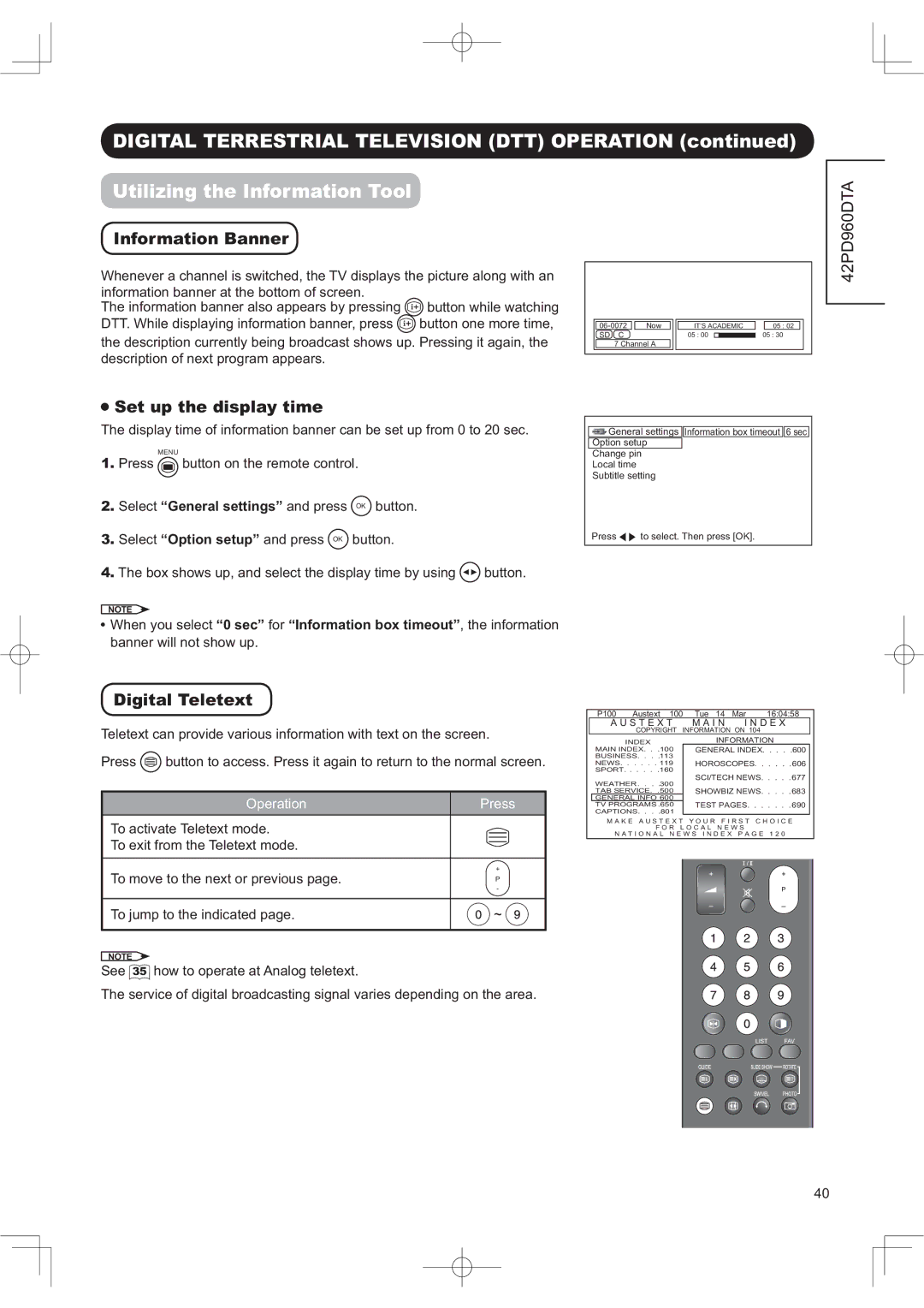 Hitachi 42PD960DTA manual 8WLOLLQJWKH,QIRU DWLRQ7RRO, Qiru DWLRQ%DQQHU, 6HWXSWKHGLVSOD\WL H, LJLWDO7HOHWHW 