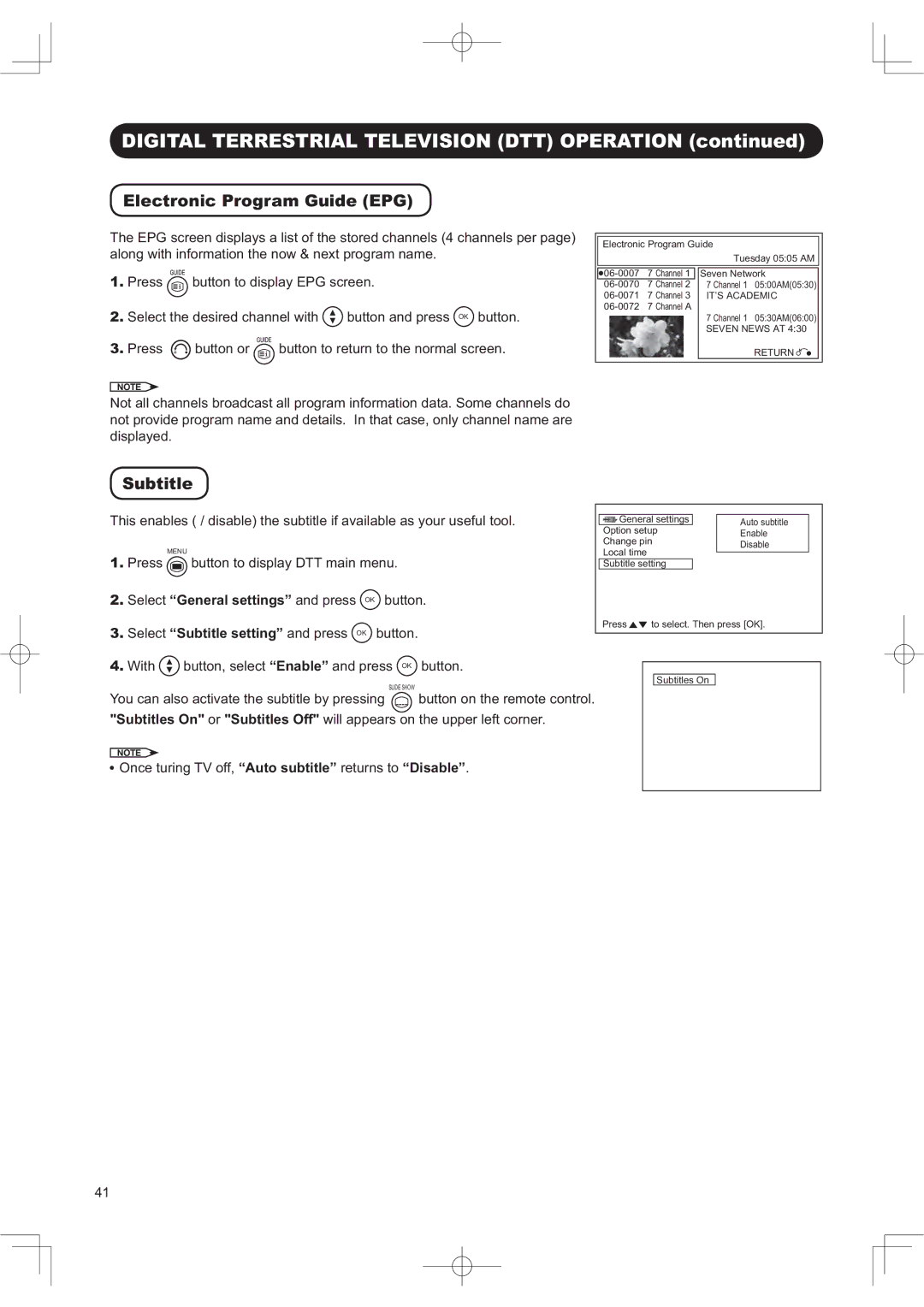 Hitachi 42PD960DTA manual OHFWURQLF3URJUD *XLGH3*, 6XEWLWOH, 3UHVV EXWWRQWRGLVSOD\3*VFUHHQ 