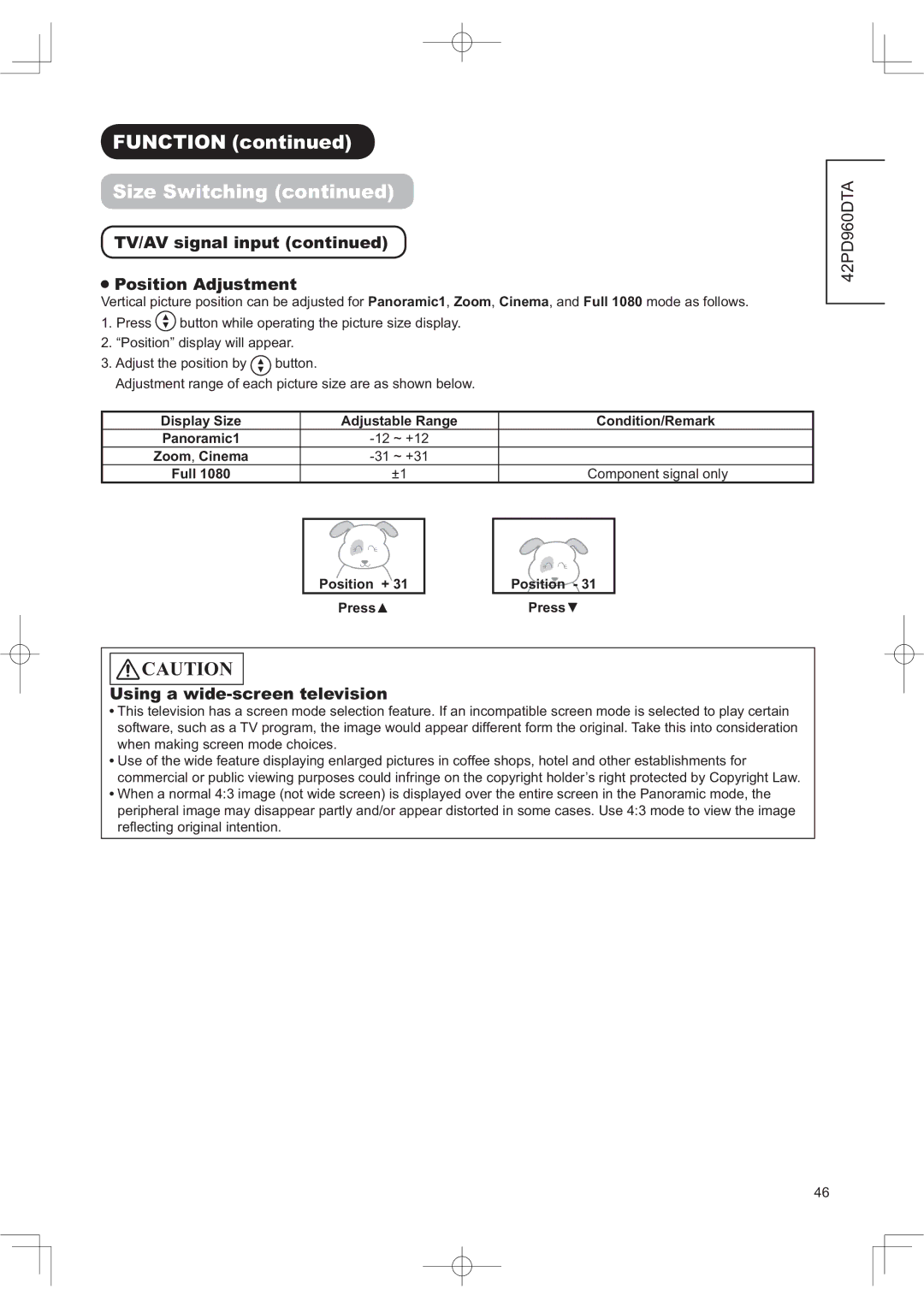 Hitachi 42PD960DTA manual 6LH6ZLWFKLQJFRQWLQXHG, 79$9VLJQDOLQSXWFRQWLQXHG 3RVLWLRQ$GMXVW HQW, 3UHVVŸ 