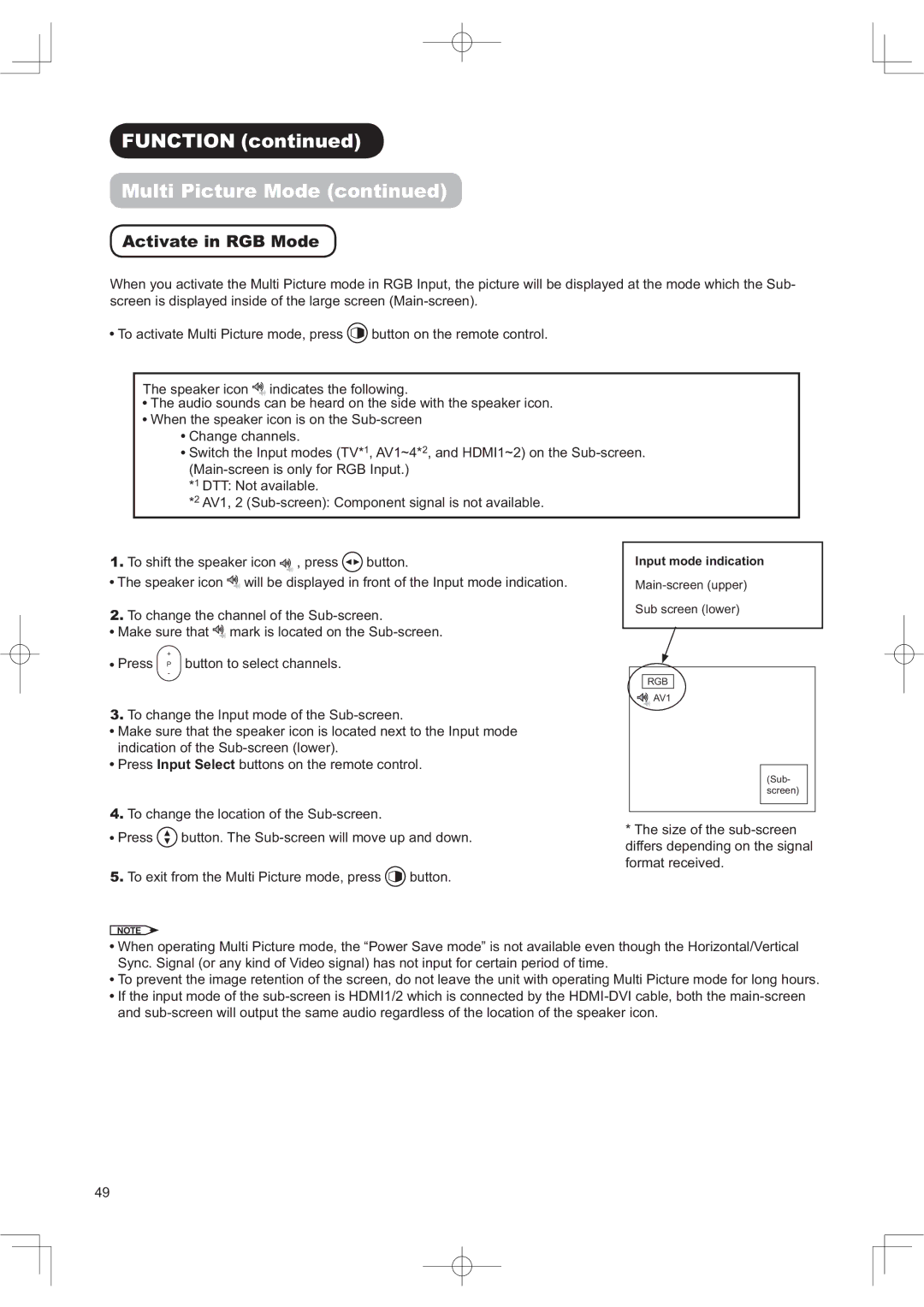 Hitachi 42PD960DTA manual 0XOWL3LFWXUH0RGHFRQWLQXHG, $FWLYDWHLQ5*%0RGH 