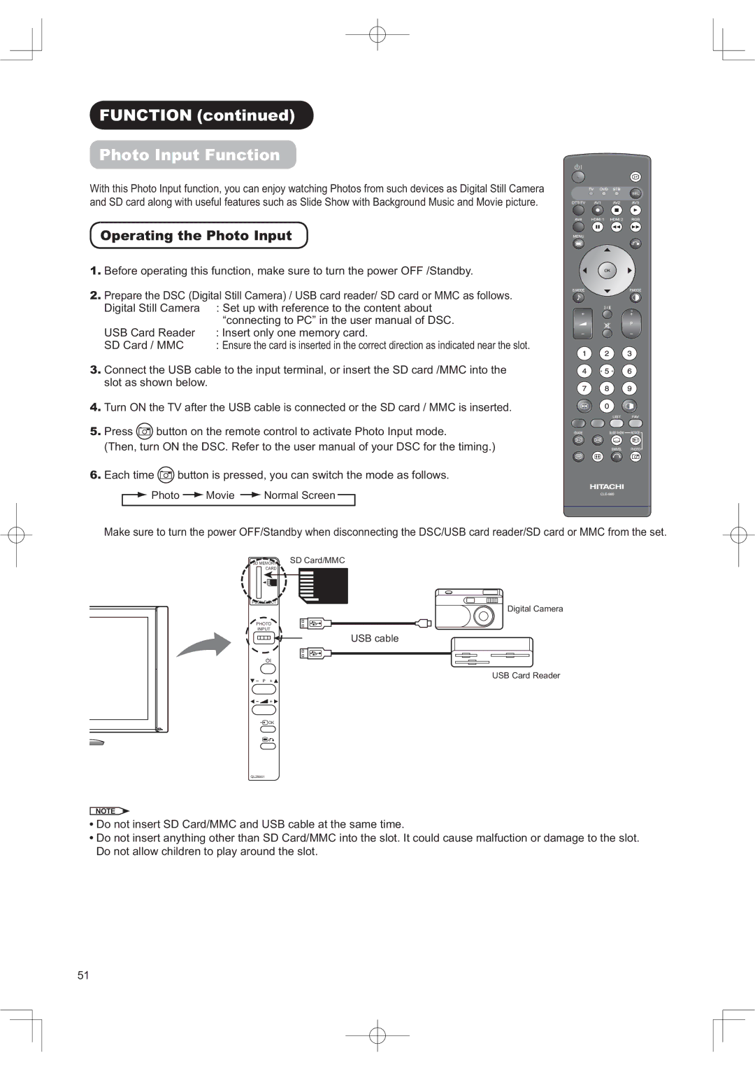 Hitachi 42PD960DTA manual 3KRWR,QSXWXQFWLRQ, 2SHUDWLQJWKH3KRWR,QSXW, ³FRQQHFWLQJWR3&´LQWKHXVHUPDQXDORI6& 