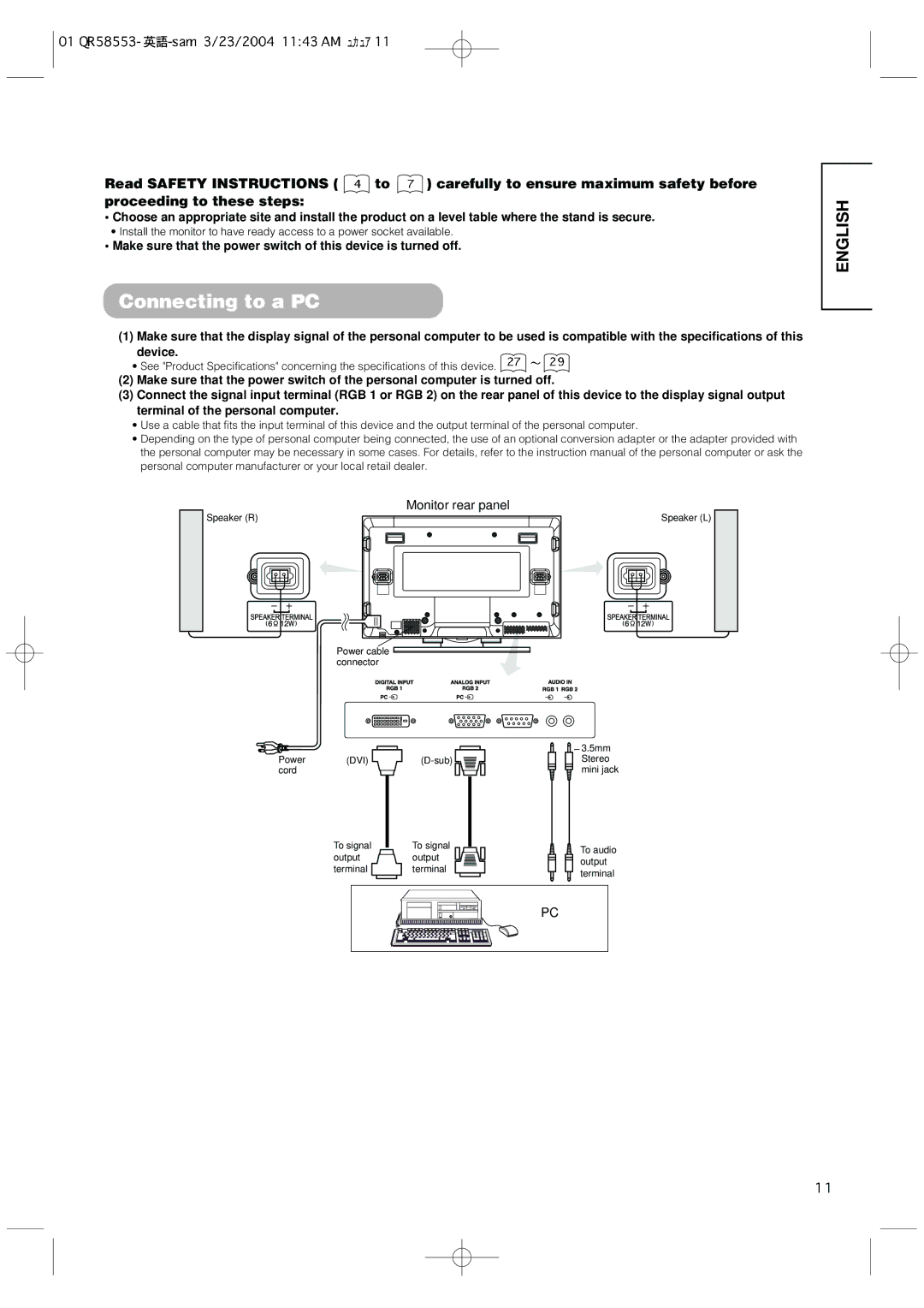 Hitachi 42PMA300A user manual Connecting to a PC, Monitor rear panel 