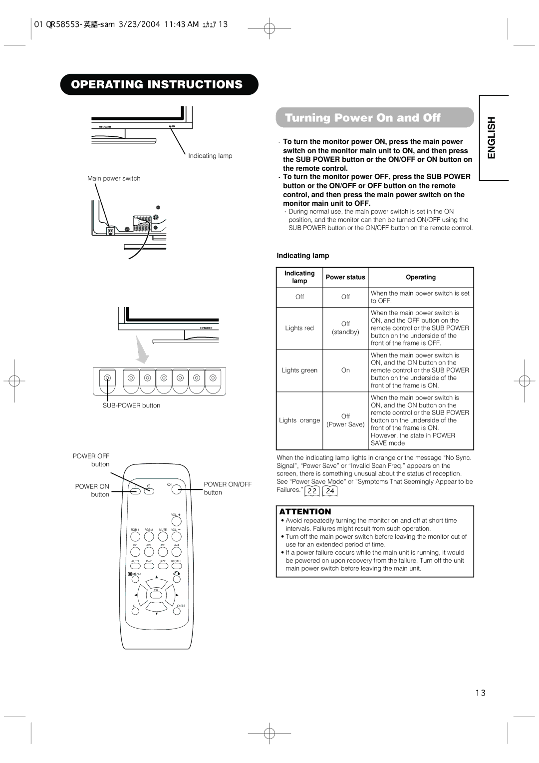 Hitachi 42PMA300A user manual Operating Instructions, Turning Power On and Off, Indicating lamp 