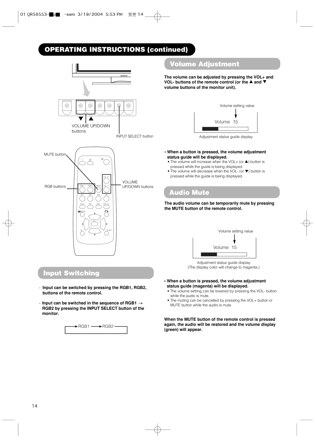 Hitachi 42PMA300A Operating Instructions Volume Adjustment, Audio Mute, Input Switching, Status guide will be displayed 