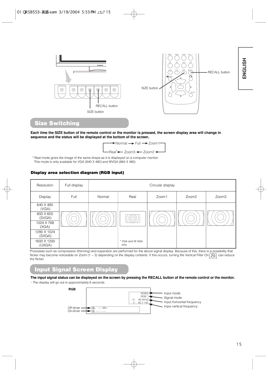 Hitachi 42PMA300A user manual Size Switching, Input Signal Screen Display, Display area selection diagram RGB input 