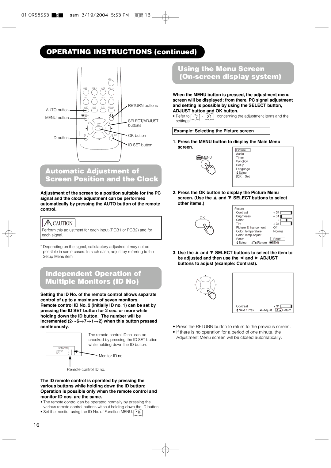 Hitachi 42PMA300A user manual Operating Instructions, Using the Menu Screen On-screen display system 