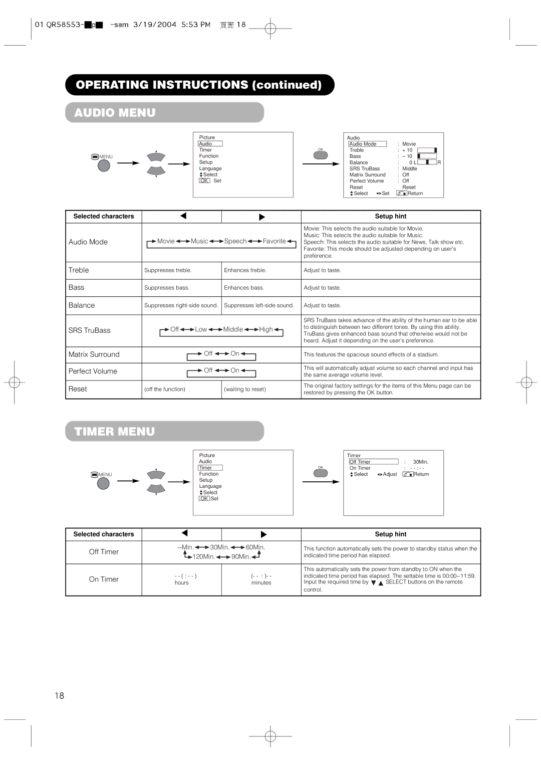 Hitachi 42PMA300A user manual Audio Menu, Timer Menu 