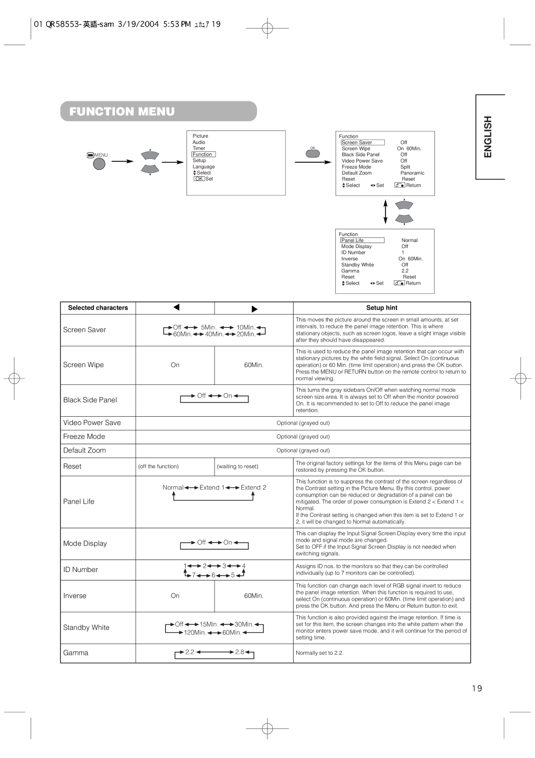 Hitachi 42PMA300A user manual Function Menu 