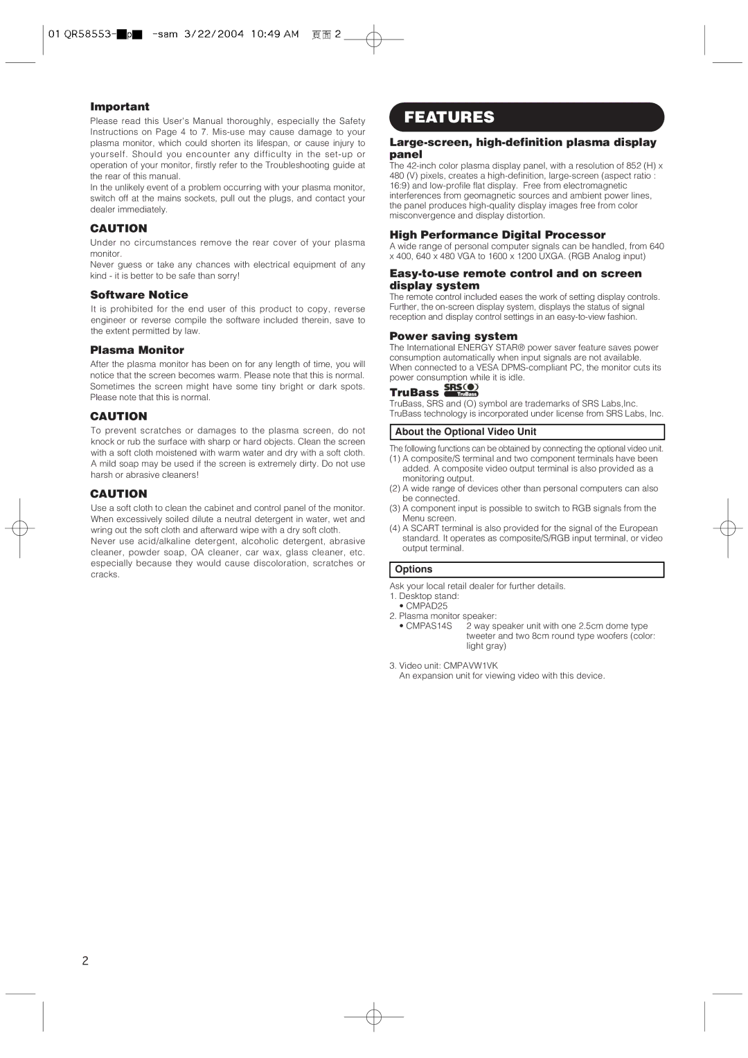 Hitachi 42PMA300A user manual Features 