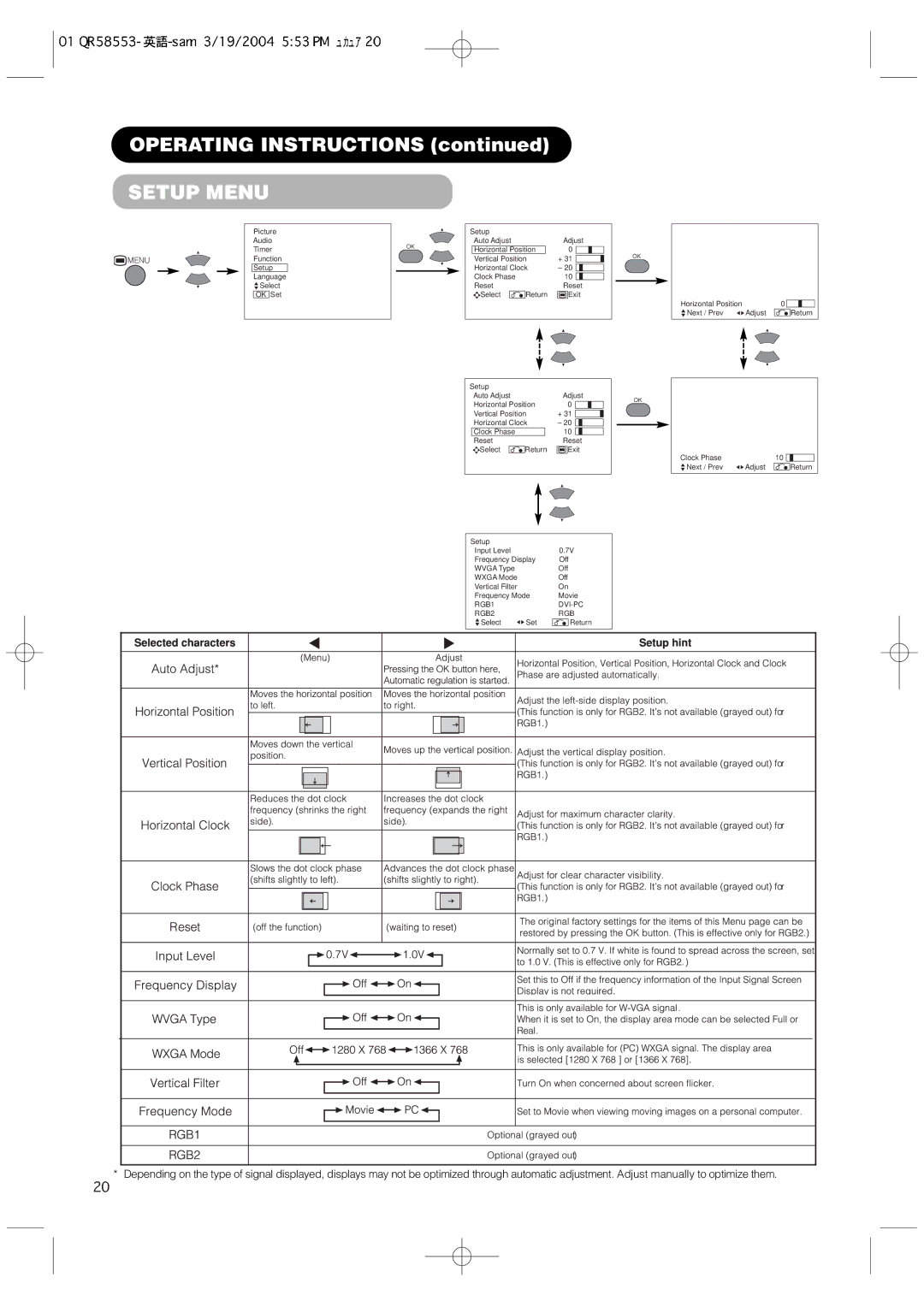 Hitachi 42PMA300A user manual Setup Menu 