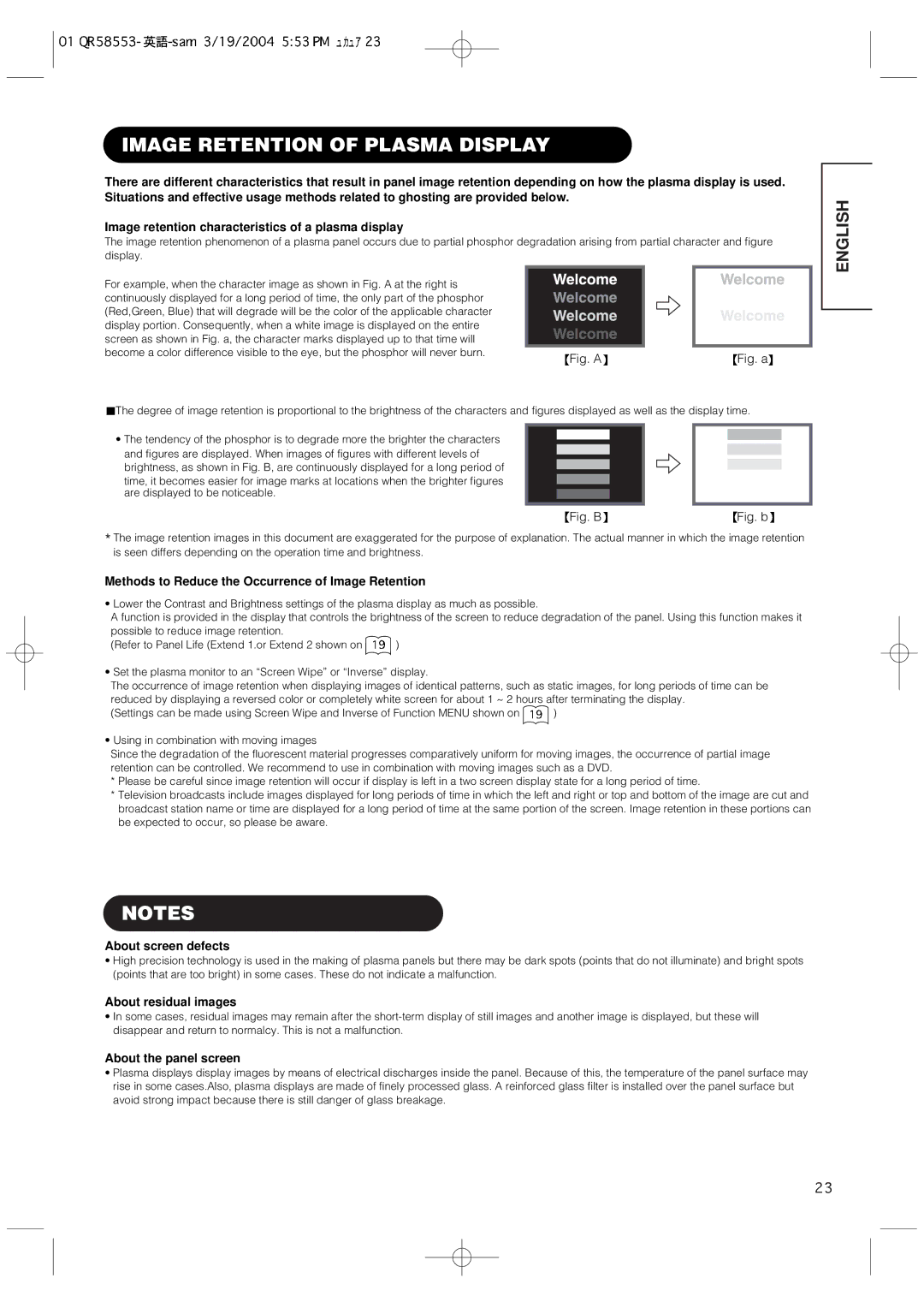 Hitachi 42PMA300A user manual Image Retention of Plasma Display, Methods to Reduce the Occurrence of Image Retention 