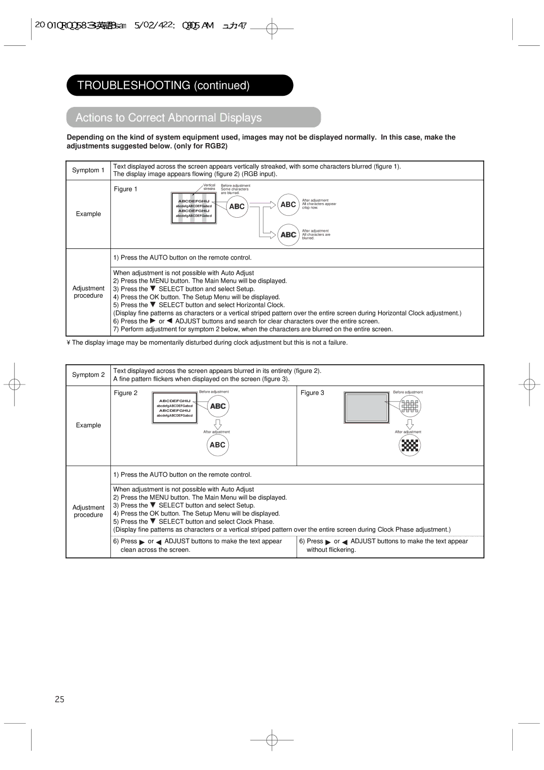 Hitachi 42PMA300A user manual Troubleshooting Actions to Correct Abnormal Displays 