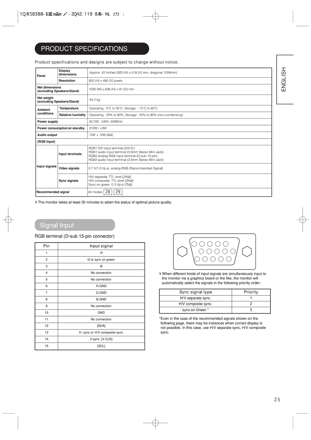 Hitachi 42PMA300A user manual Product Specifications, Signal Input, RGB terminal D-sub 15-pin connector, Pin Input signal 