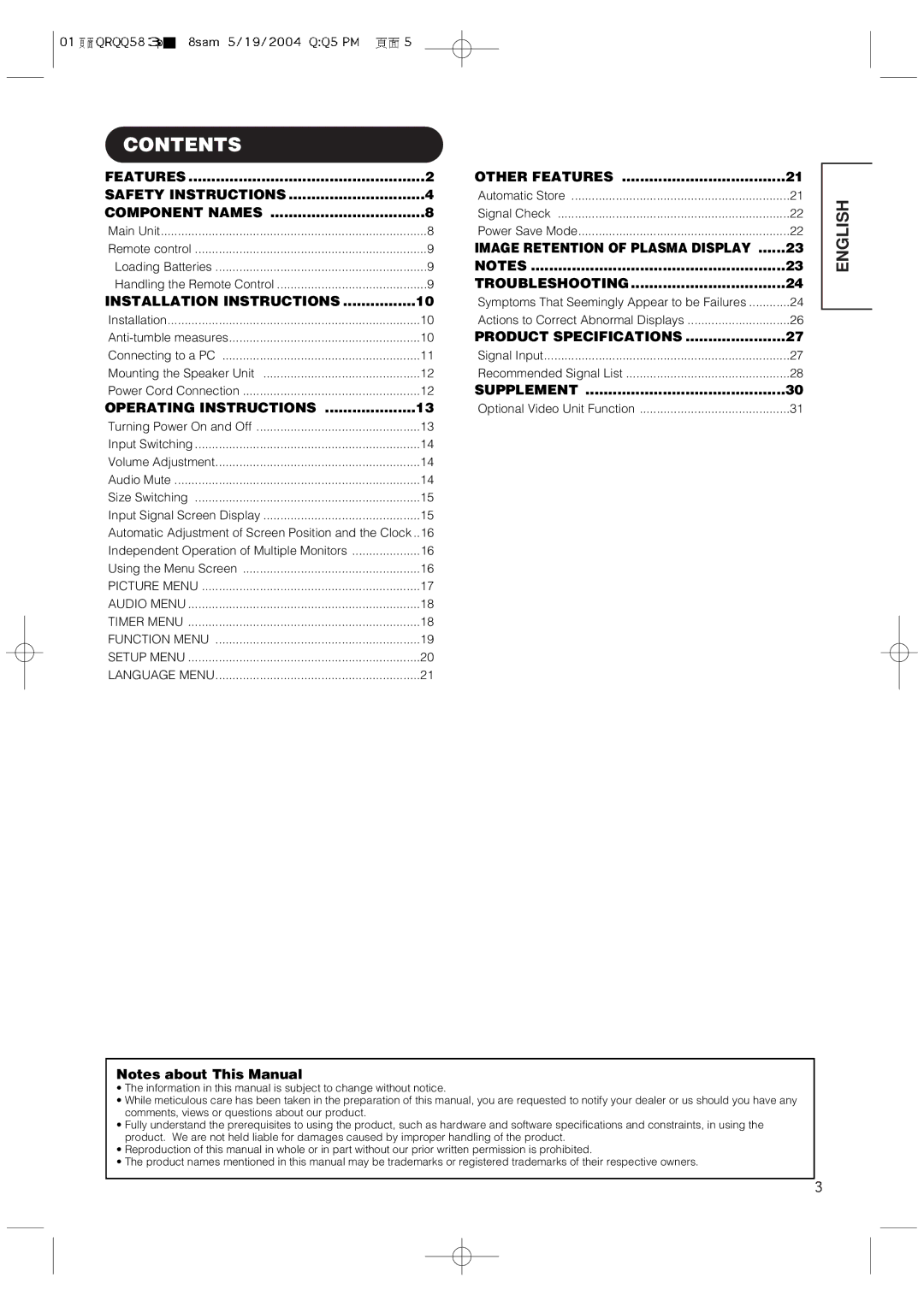 Hitachi 42PMA300A user manual Contents 