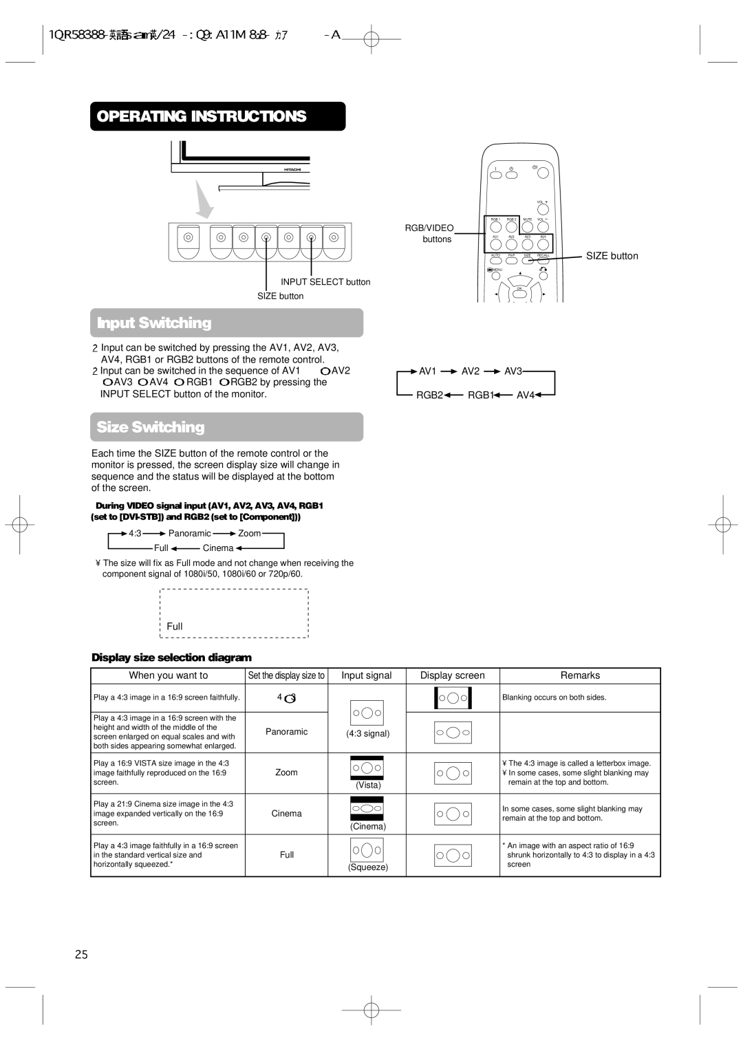 Hitachi 42PMA300A user manual Display size selection diagram, AV1 AV2 AV3 RGB2 RGB1 AV4, Full, When you want to 