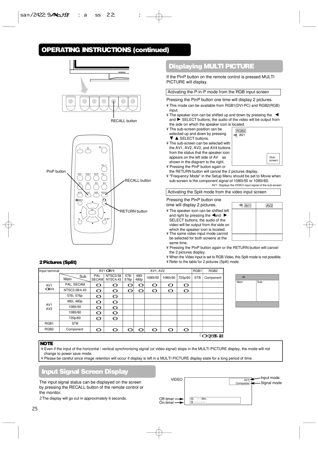 Hitachi 42PMA300A user manual Operating Instructions Displaying Multi Picture, Pictures Split 