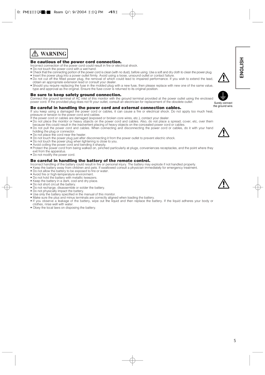 Hitachi 42PMA300A user manual Be cautious of the power cord connection, Be sure to keep safety ground connection 