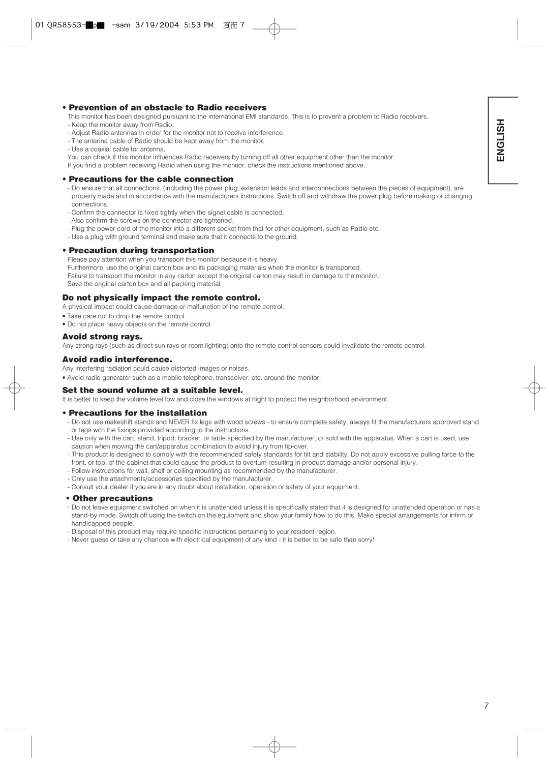 Hitachi 42PMA300A Prevention of an obstacle to Radio receivers, Precautions for the cable connection, Avoid strong rays 