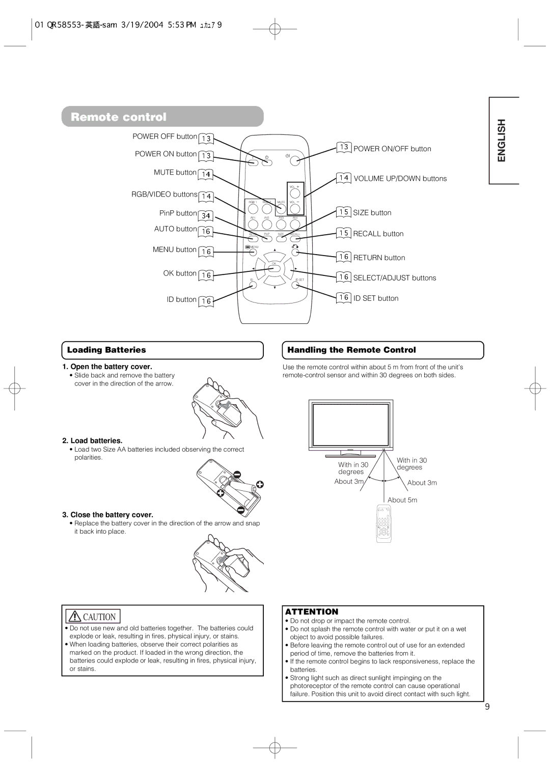 Hitachi 42PMA300A user manual Remote control, Loading Batteries, Handling the Remote Control 