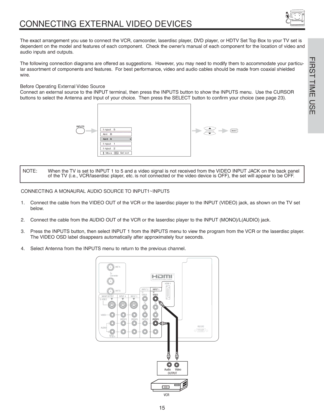 Hitachi 42V52 important safety instructions Connecting External Video Devices, Before Operating External Video Source 