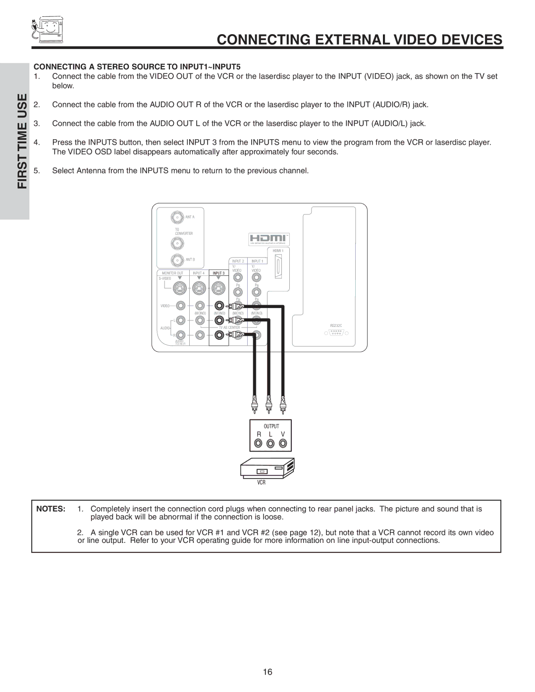 Hitachi 42V52 important safety instructions Connecting a Stereo Source to INPUT1~INPUT5 