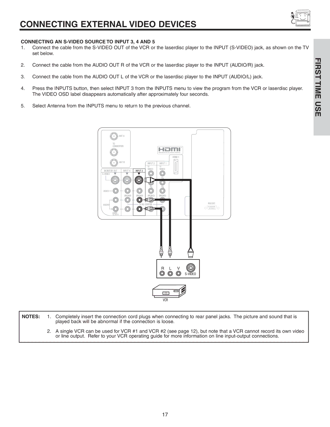 Hitachi 42V52 important safety instructions Connecting AN S-VIDEO Source to Input 3, 4 