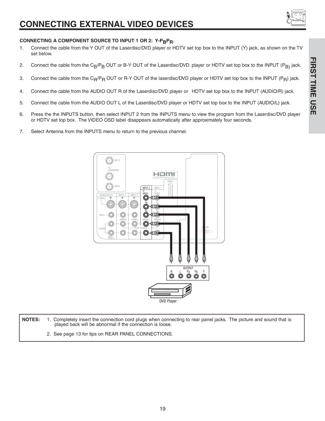 Hitachi 42V52 important safety instructions Connecting a Component Source to Input 1 or 2 Y-PBPR 