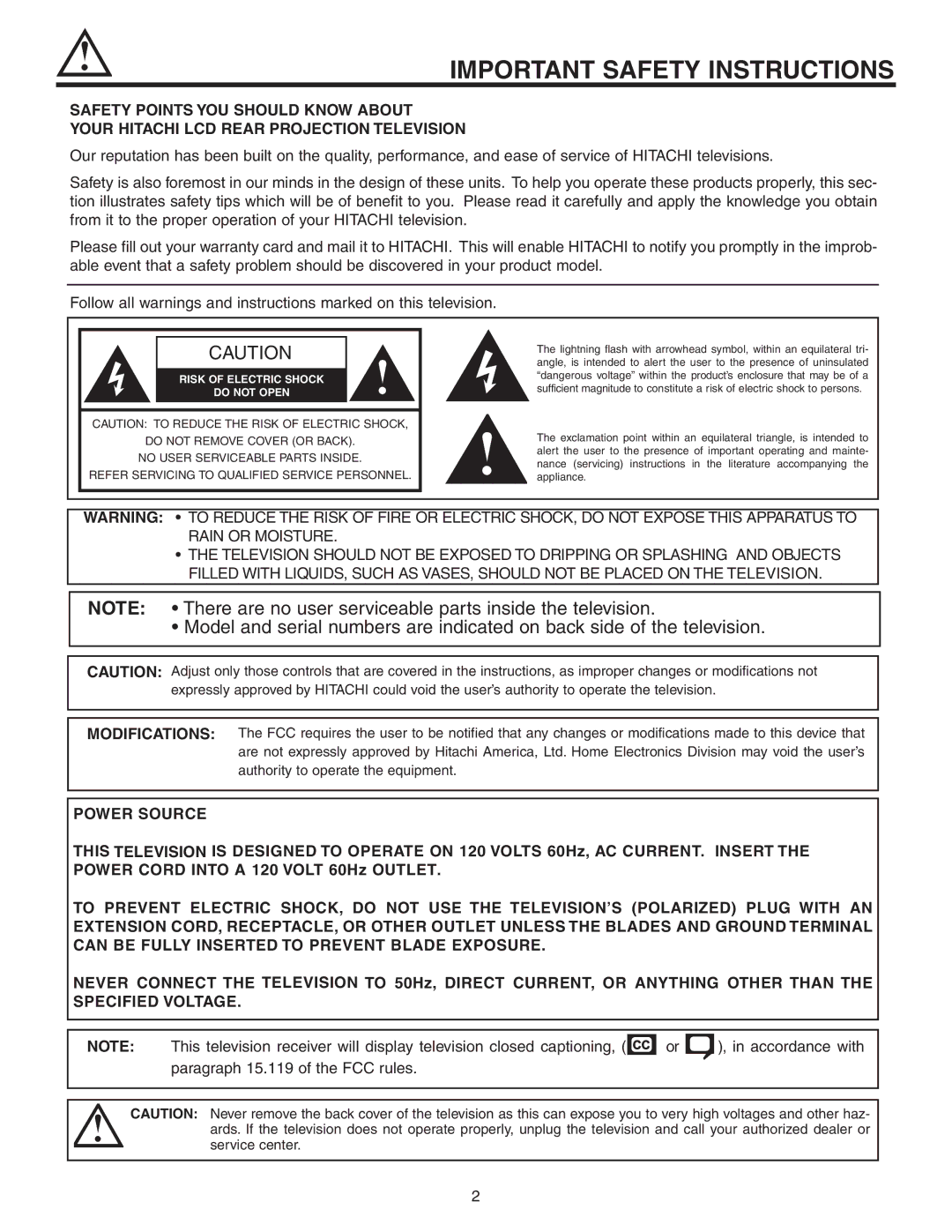 Hitachi 42V52 important safety instructions Important Safety Instructions, Do not Open 