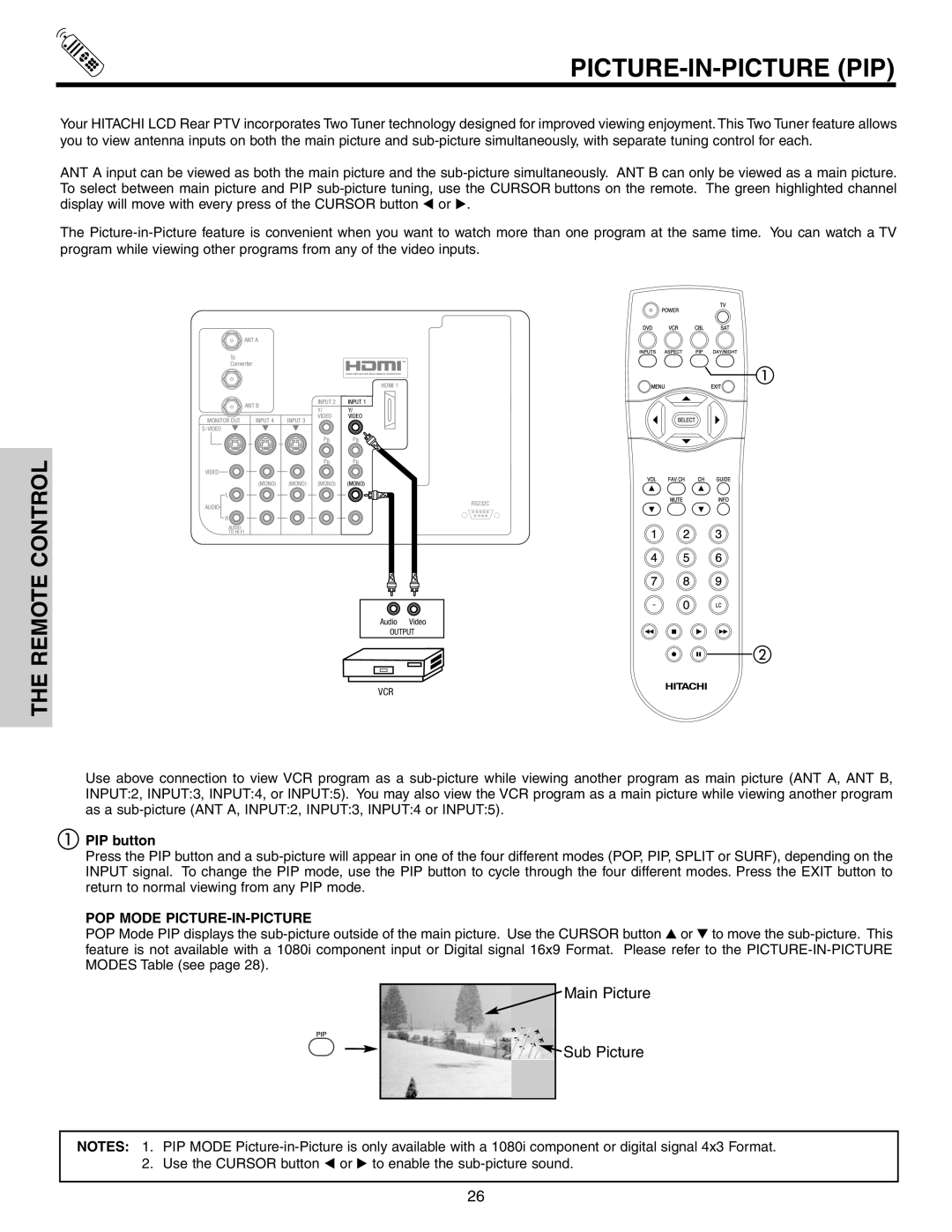 Hitachi 42V52 important safety instructions Picture-In-Picture Pip, PIP button, POP Mode PICTURE-IN-PICTURE 