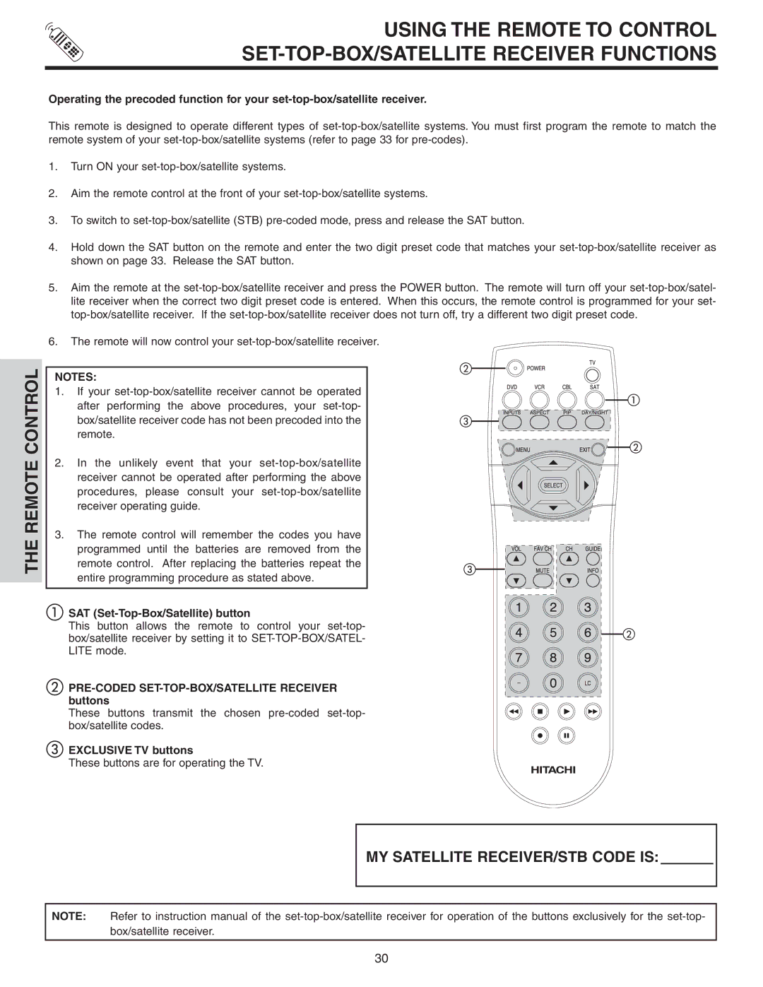 Hitachi 42V52 SAT Set-Top-Box/Satellite button, PRE-CODED SET-TOP-BOX/SATELLITE Receiver buttons 