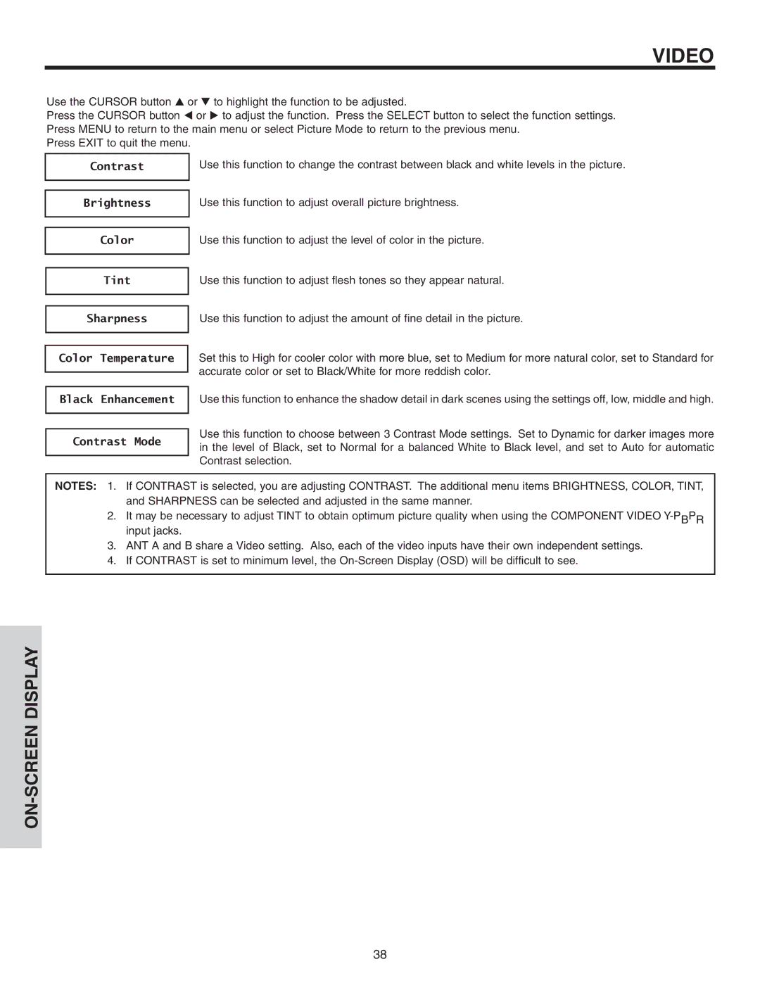 Hitachi 42V52 important safety instructions Contrast 