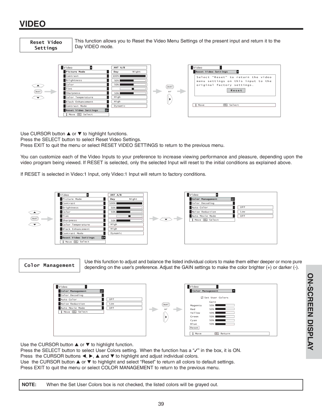 Hitachi 42V52 important safety instructions Reset Video Settings, Color Management 