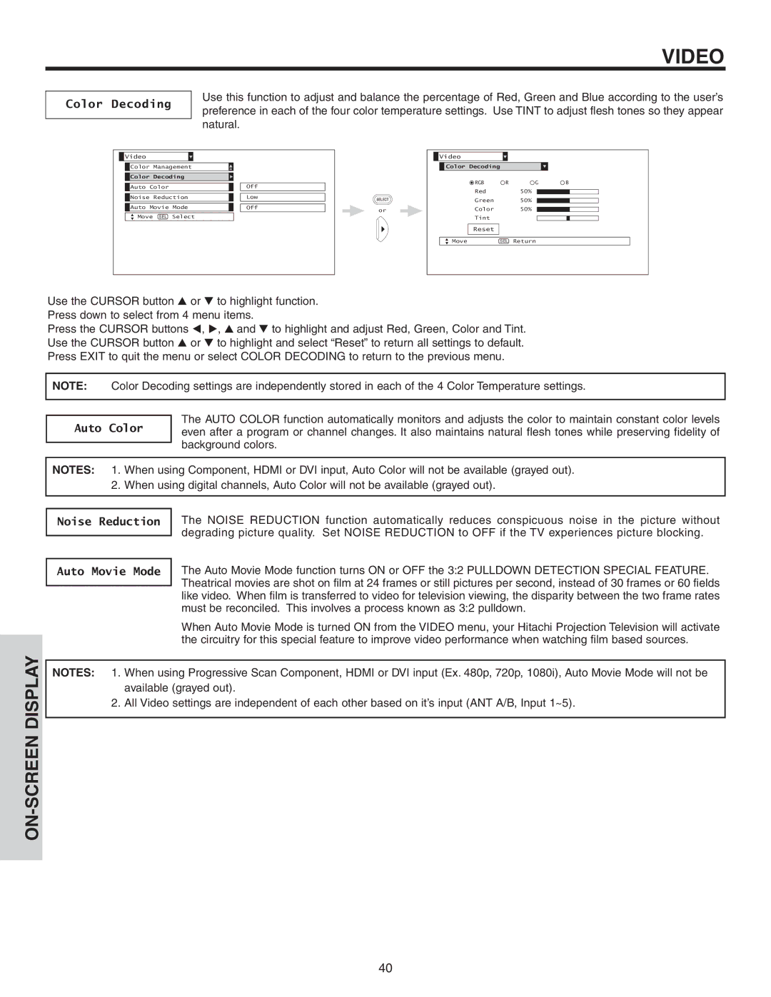 Hitachi 42V52 important safety instructions Color Decoding, Auto Color, Noise Reduction Auto Movie Mode 