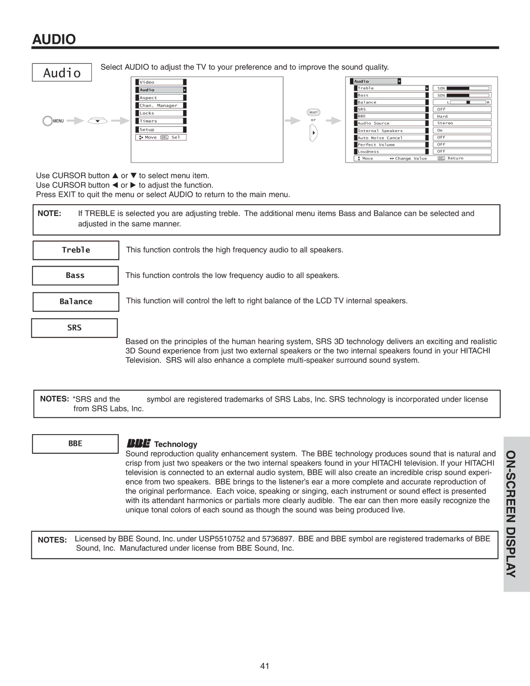 Hitachi 42V52 important safety instructions Audio, Treble Bass Balance, Technology 