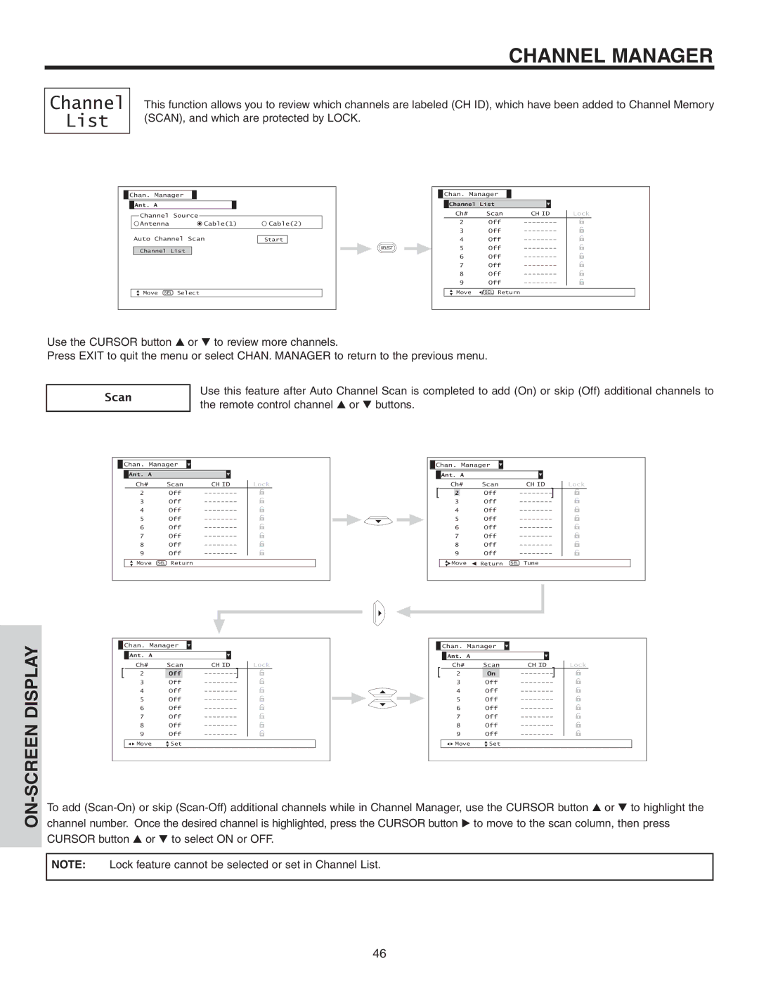 Hitachi 42V52 important safety instructions Channel List, Scan 