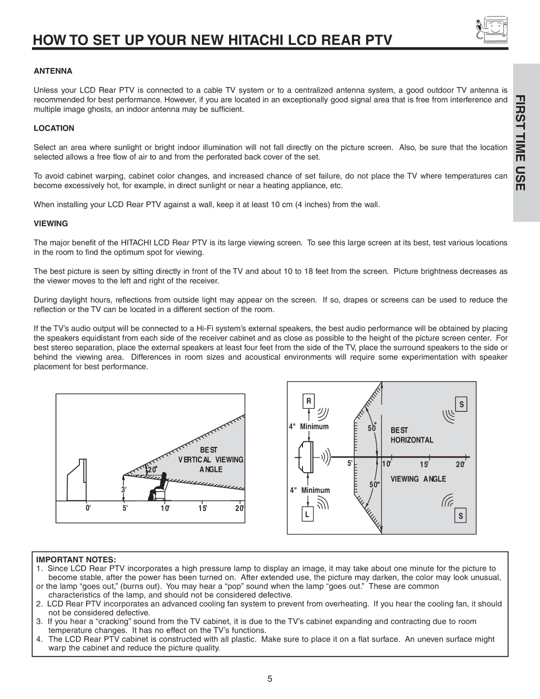 Hitachi 42V52 important safety instructions HOW to SET UP Your NEW Hitachi LCD Rear PTV 