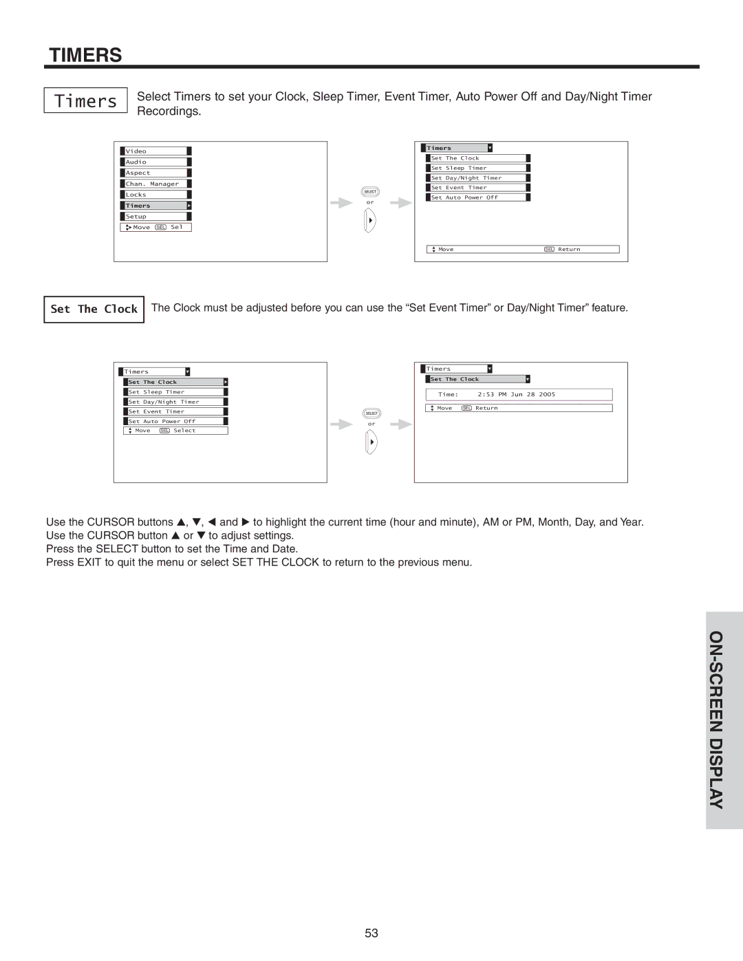 Hitachi 42V52 important safety instructions Timers, Set The Clock 